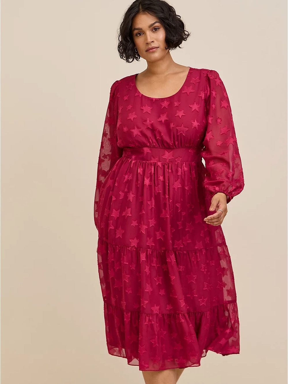 NWT Torrid Burgundy Star Print Tiered Chiffon Midi Dress